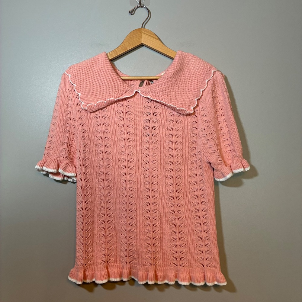 Illa Illa Pink Pointelle Knit Top Peter Pan Collar Ruffle Short Sleeve Medium